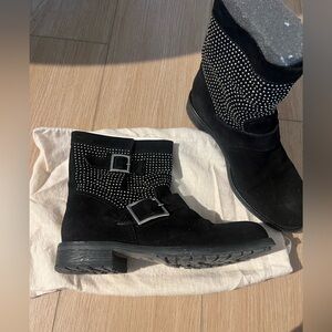 Jimmy Choo “Youth” Black Suede Studded Ankle Boots with Buckles